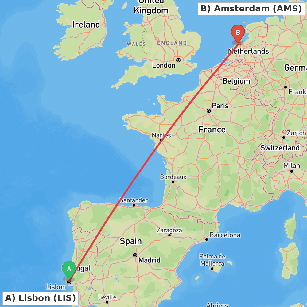 Flight route map from Lisbon to Amsterdam