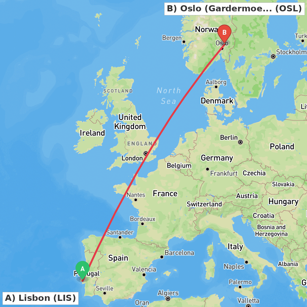 Flight route map from Lisbon to Oslo (Gardermoen)