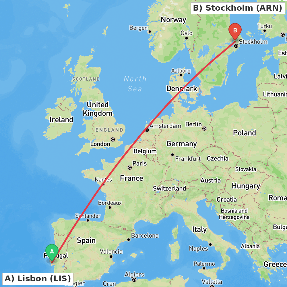 Flight route map from Lisbon to Stockholm