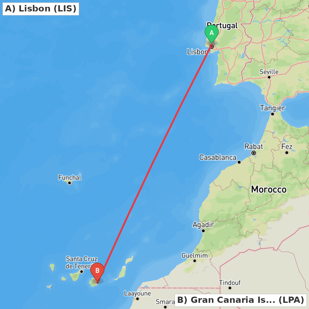 Flight route map from Lisbon to Gran Canaria Island