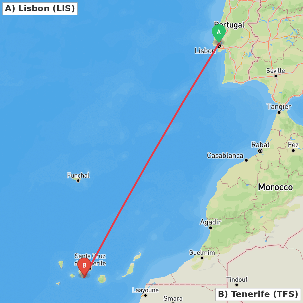 Flight route map from Lisbon to Tenerife