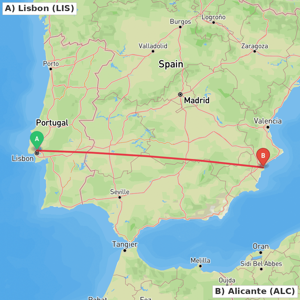 Flight route map from Lisbon to Alicante