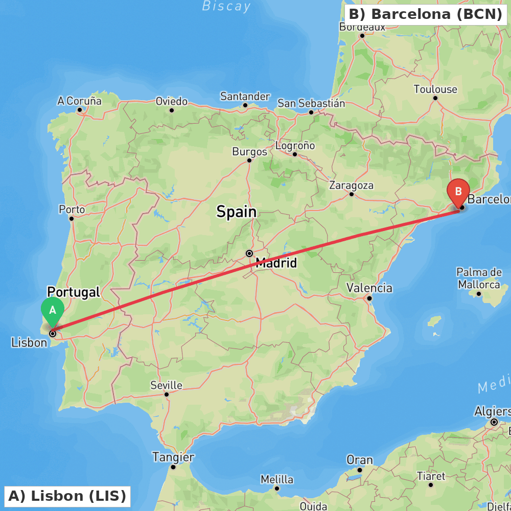 Flight route map from Lisbon to Barcelona