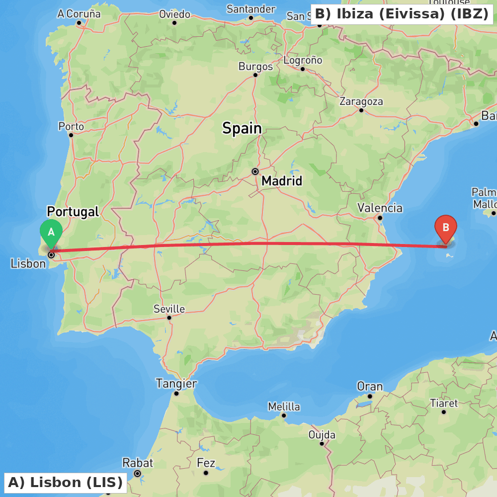 Flight route map from Lisbon to Ibiza (Eivissa)