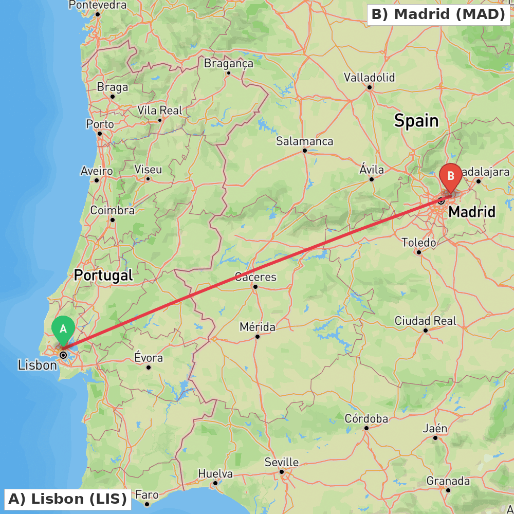 Flight route map from Lisbon to Madrid