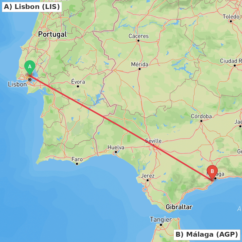 Flight route map from Lisbon to Málaga
