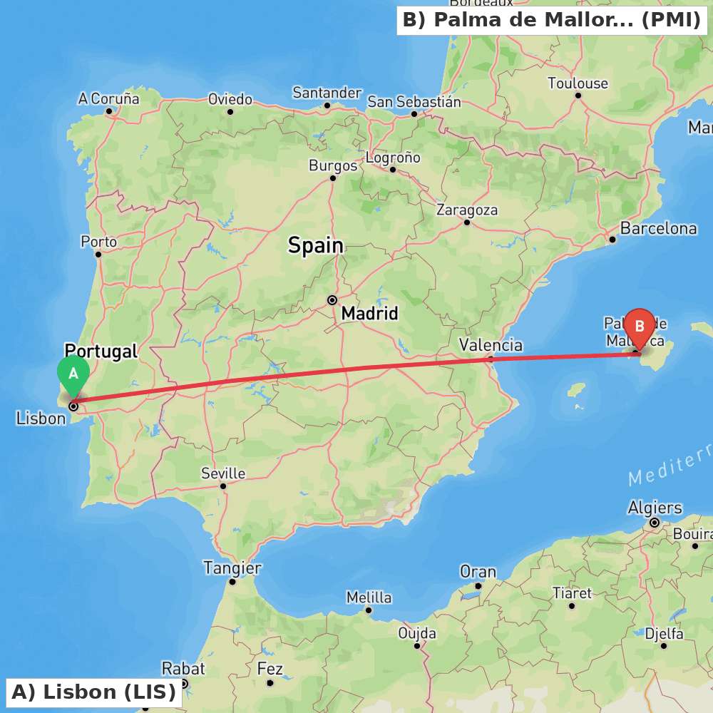 Flight route map from Lisbon to Palma de Mallorca