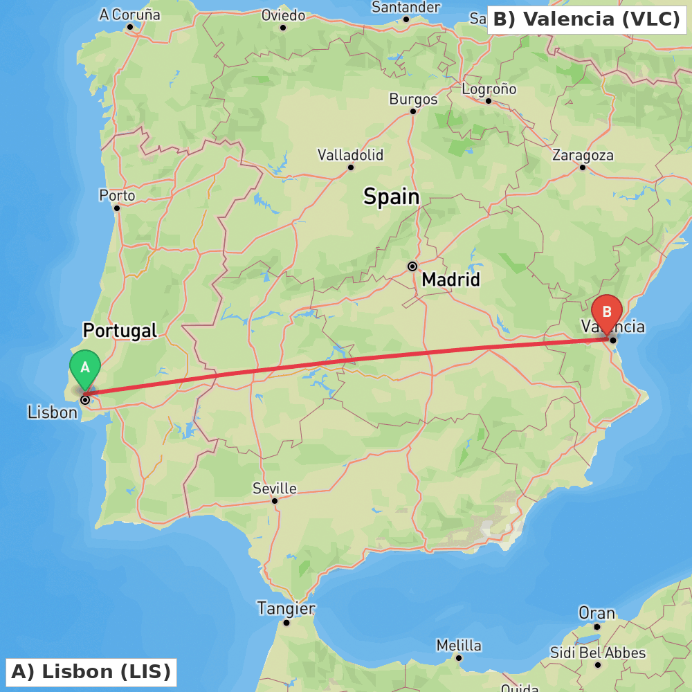 Flight route map from Lisbon to Valencia