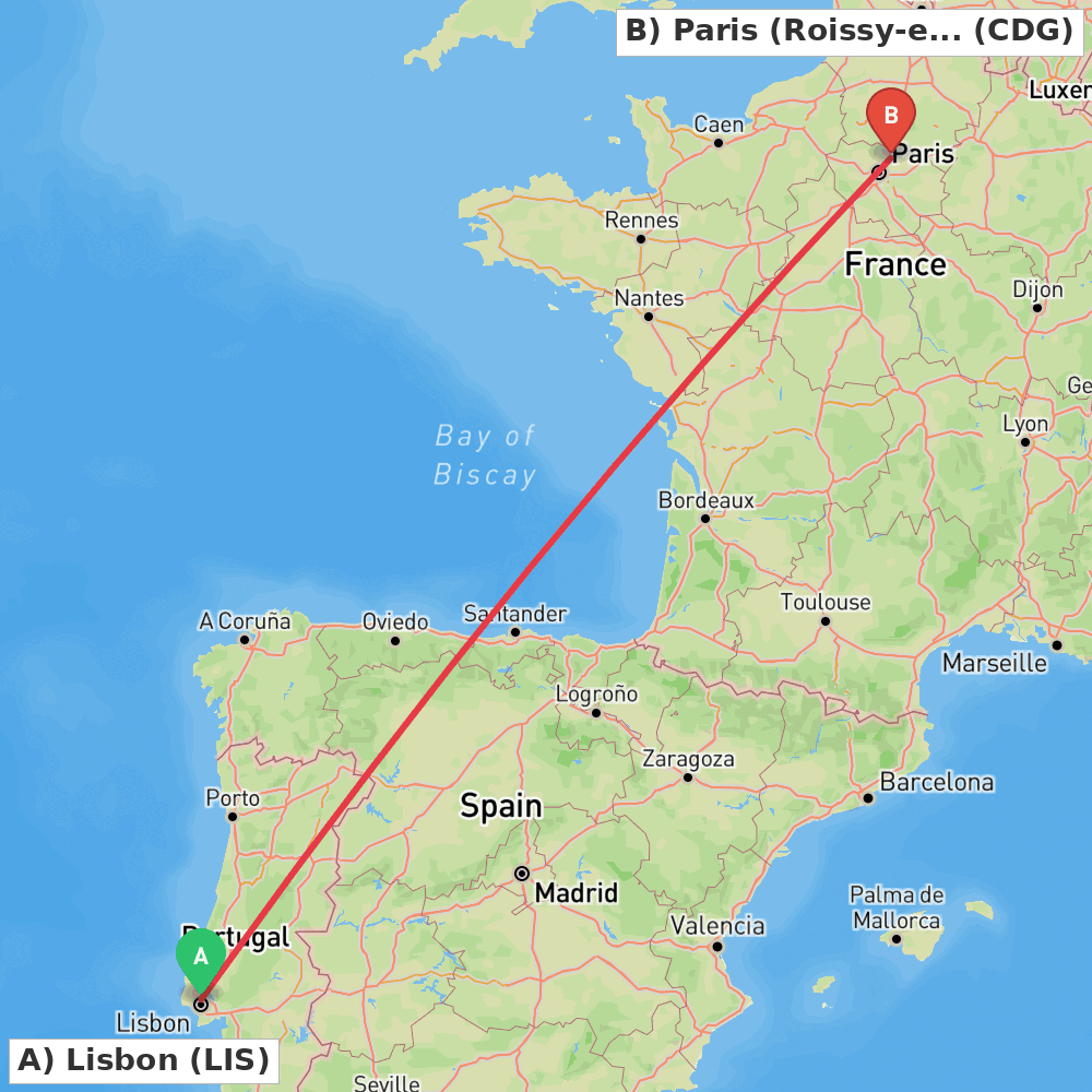 Flight route map from Lisbon to Paris (Roissy-en-France, Val-d'Oise)