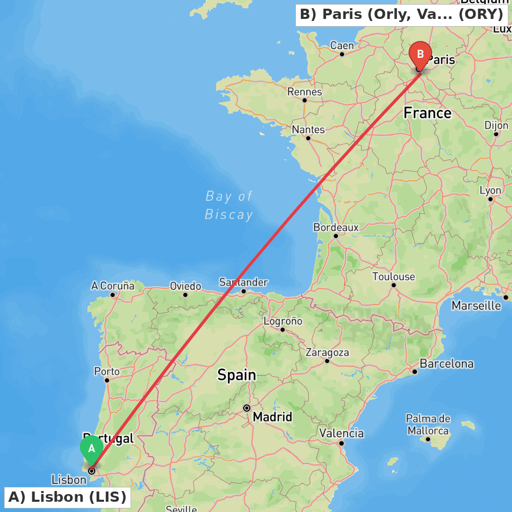 Flight route map from Lisbon to Paris (Orly, Val-de-Marne)