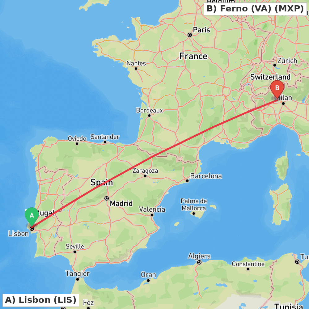 Flight route map from Lisbon to Ferno (VA)
