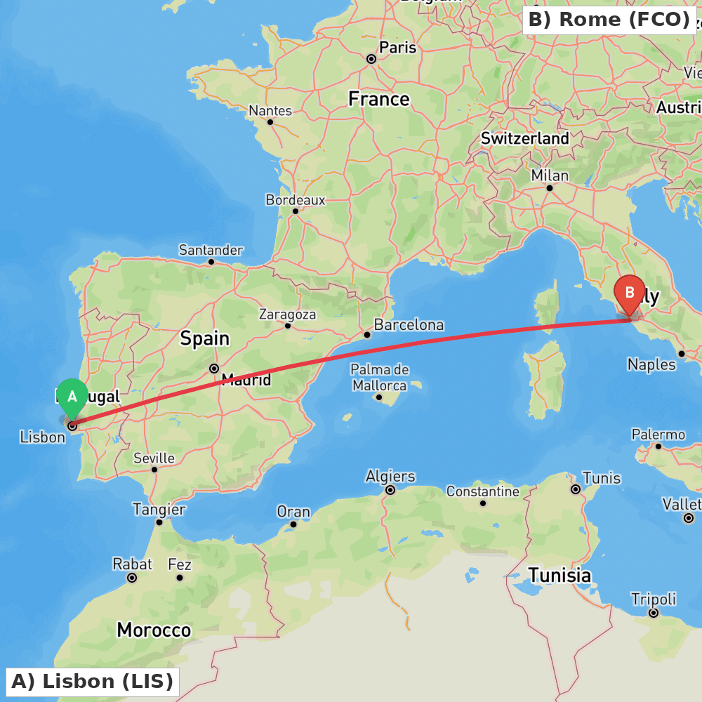 Flight route map from Lisbon to Rome