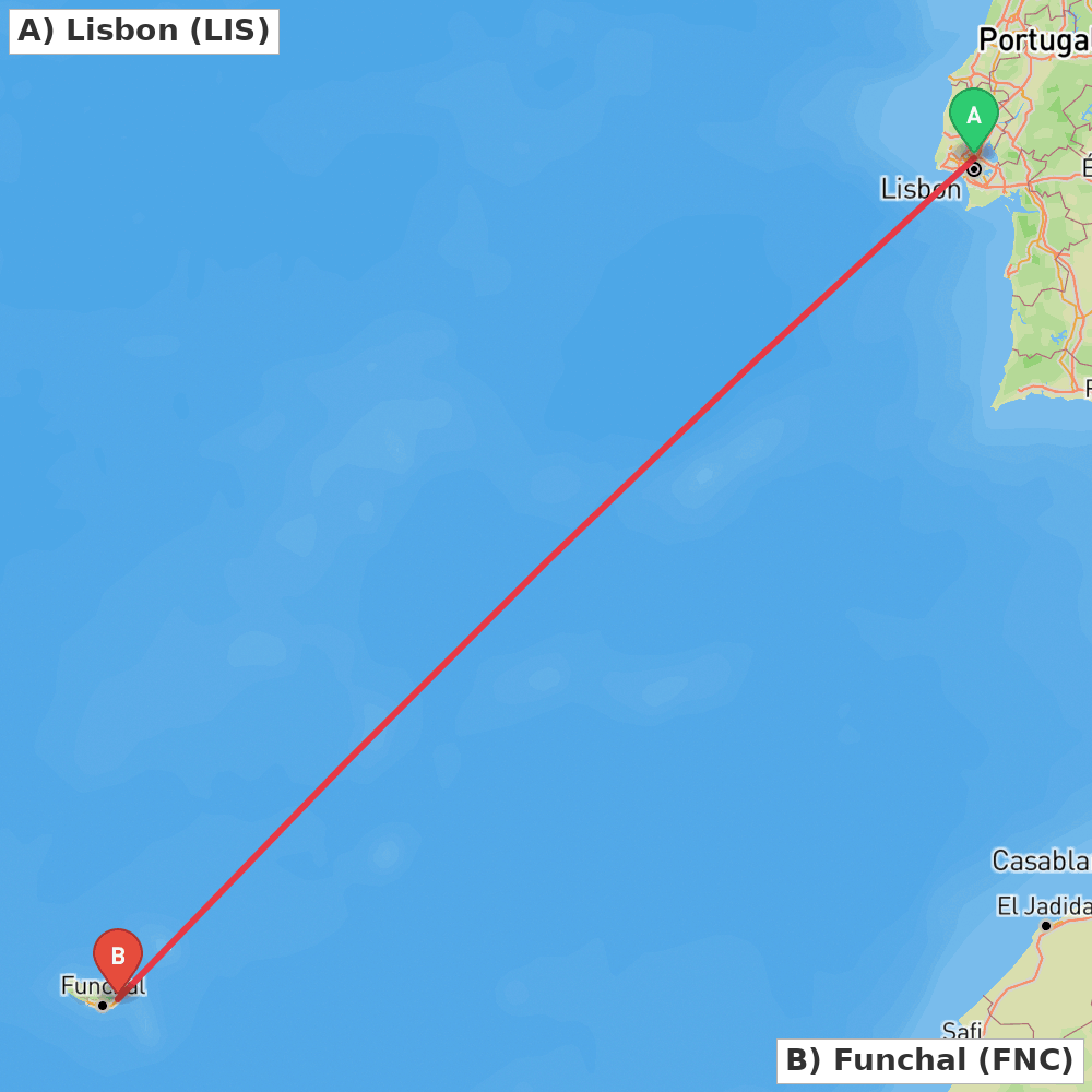 Flight route map from Lisbon to Funchal