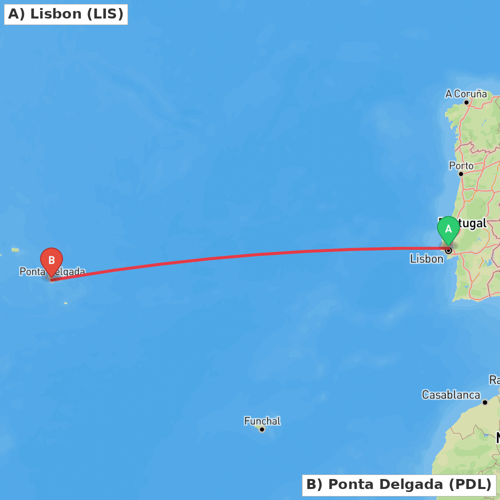 Flight route map from Lisbon to Ponta Delgada