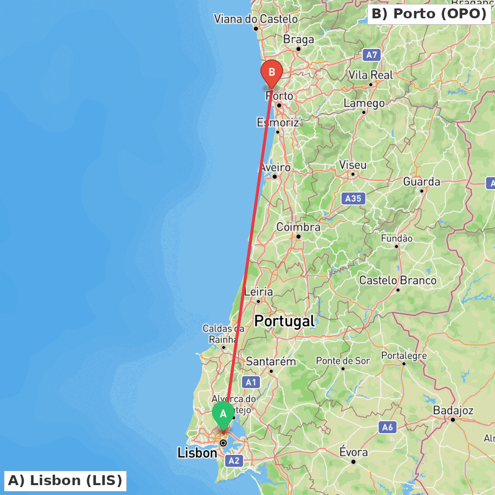 Flight route map from Lisbon to Porto