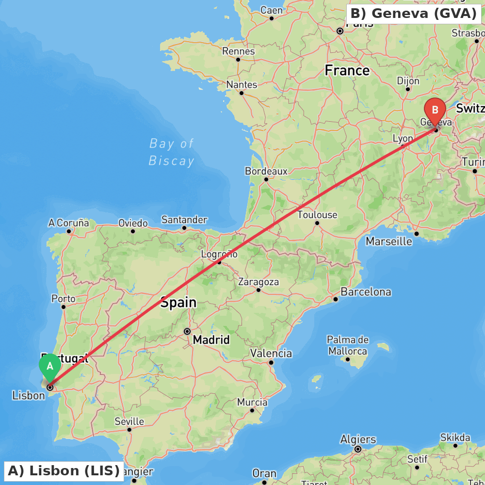 Flight route map from Lisbon to Geneva