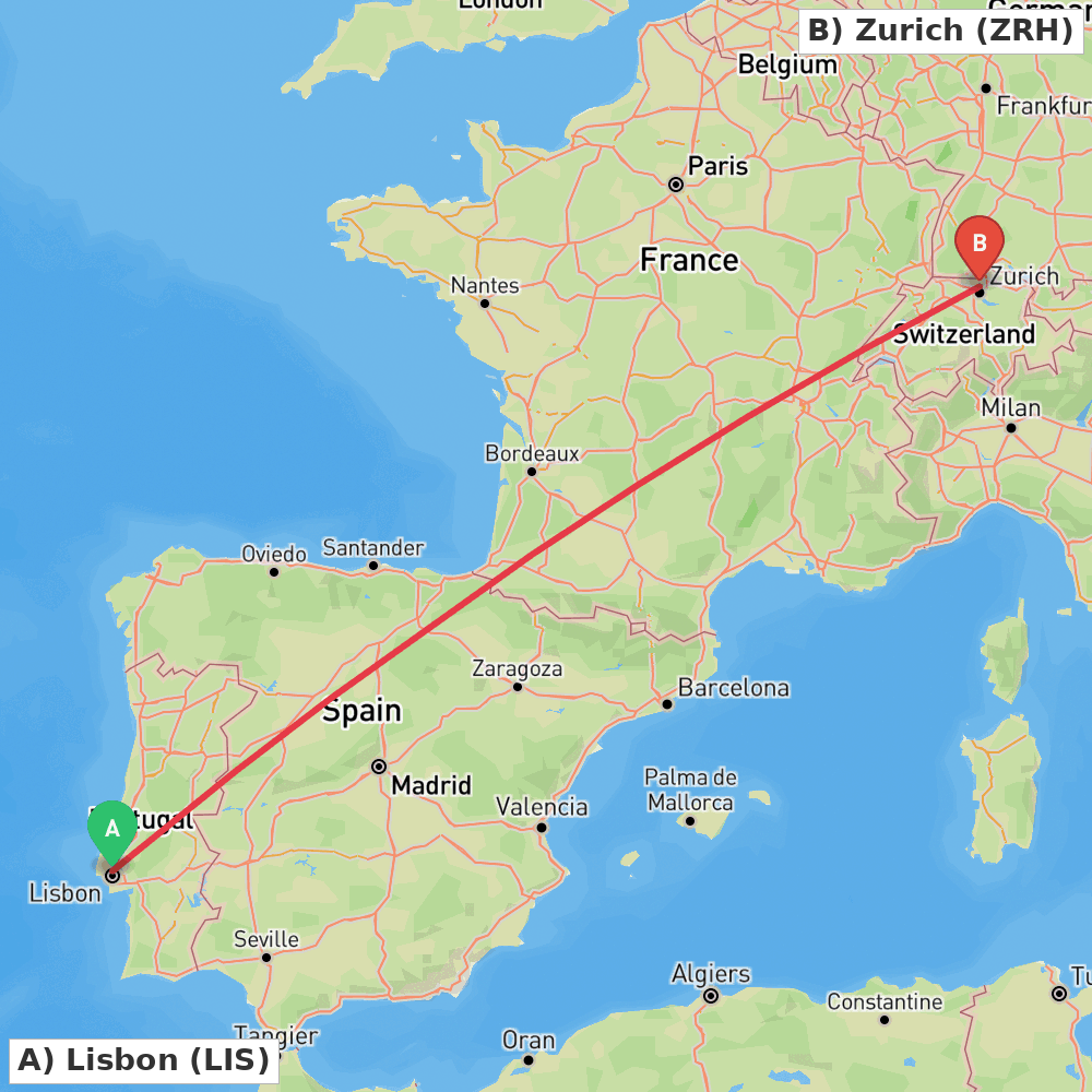 Flight route map from Lisbon to Zurich