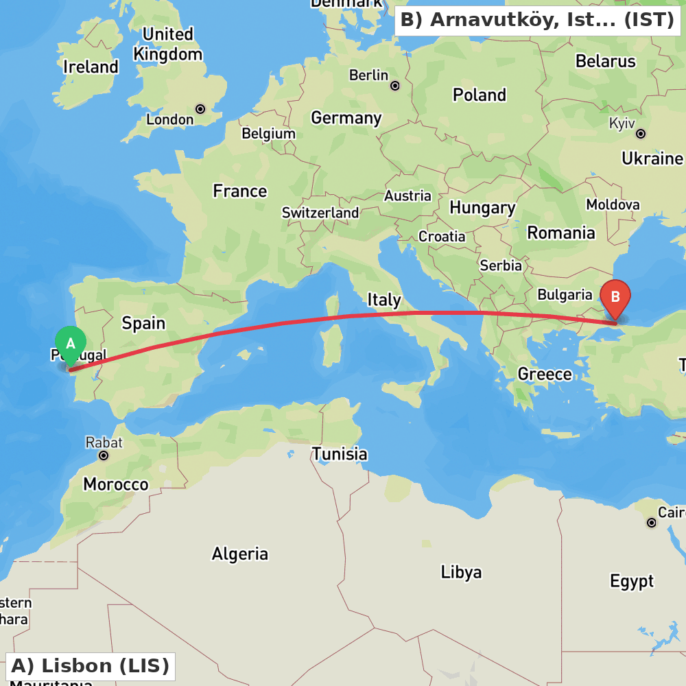 Flight route map from Lisbon to Arnavutköy, Istanbul