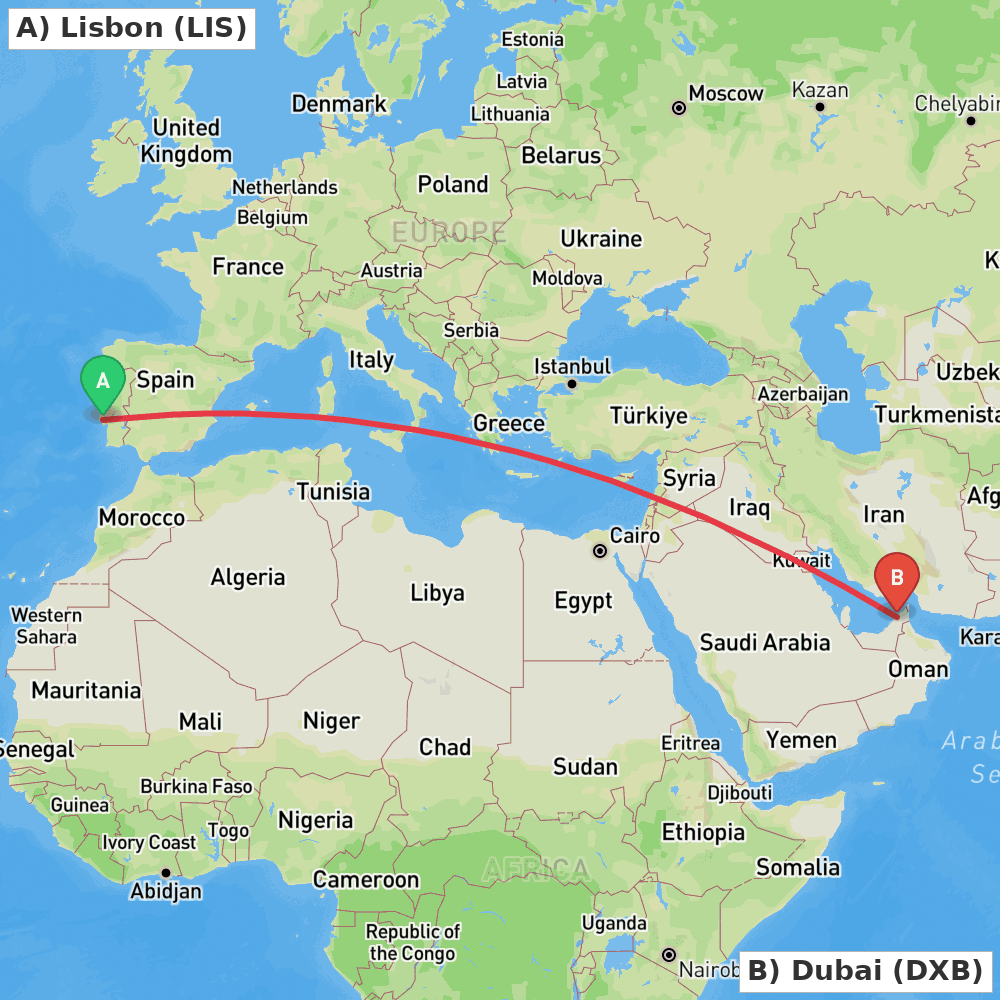 Flight route map from Lisbon to Dubai