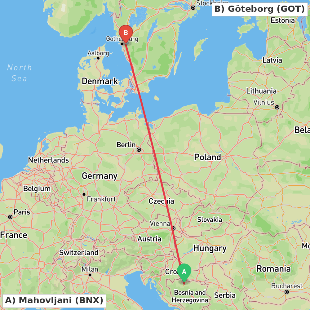 Flight route map from Mahovljani to Göteborg