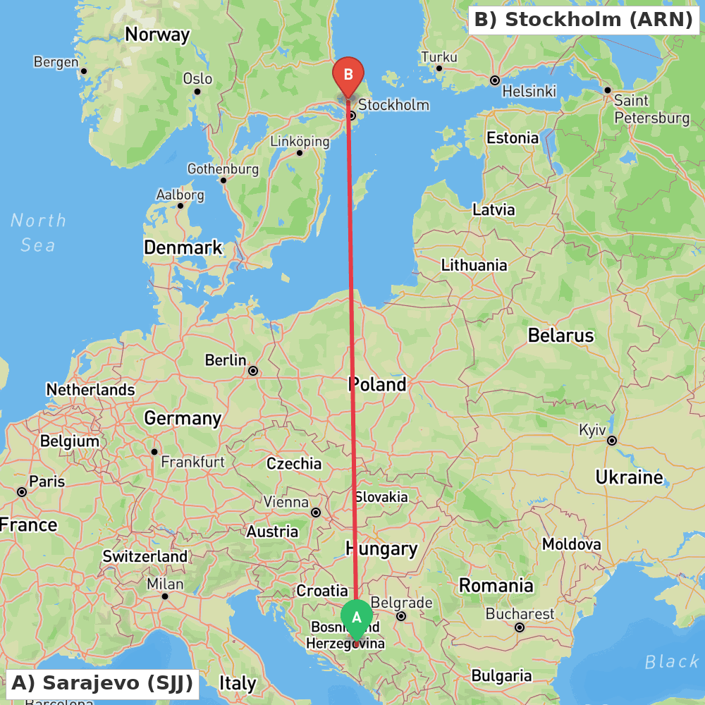 Flight route map from Sarajevo to Stockholm