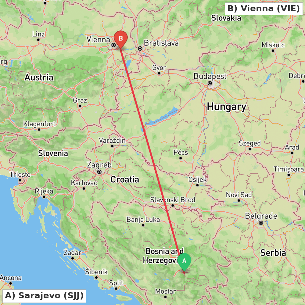 Flight route map from Sarajevo to Vienna