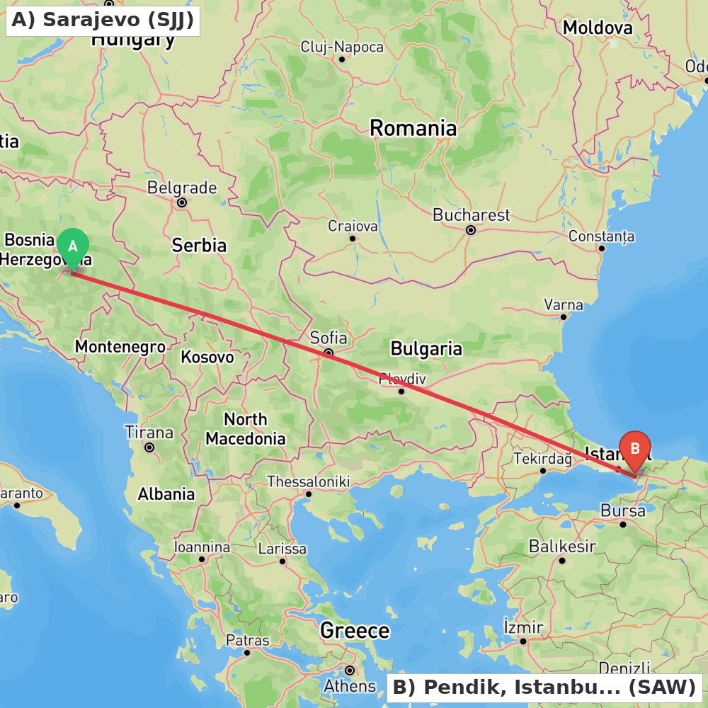 Flight route map from Sarajevo to Pendik, Istanbul