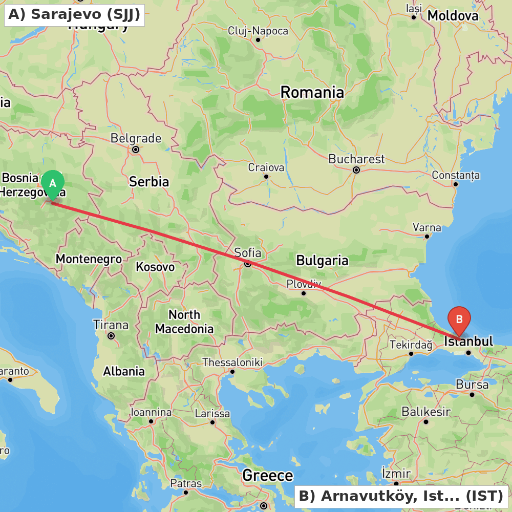 Flight route map from Sarajevo to Arnavutköy, Istanbul