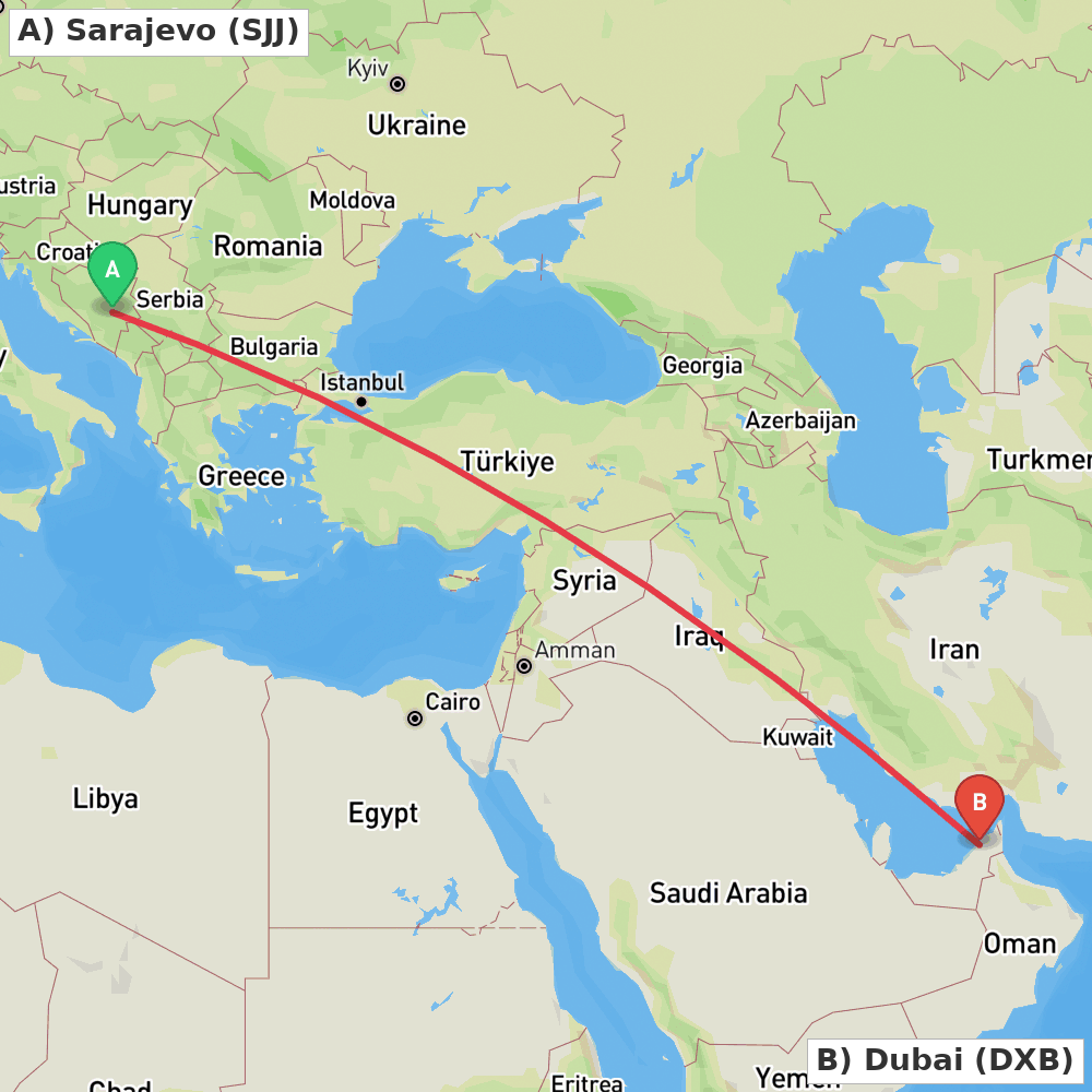 Flight route map from Sarajevo to Dubai