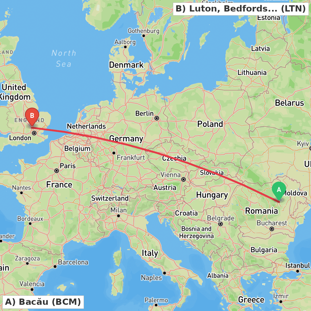 Flight route map from Bacău to Luton, Bedfordshire
