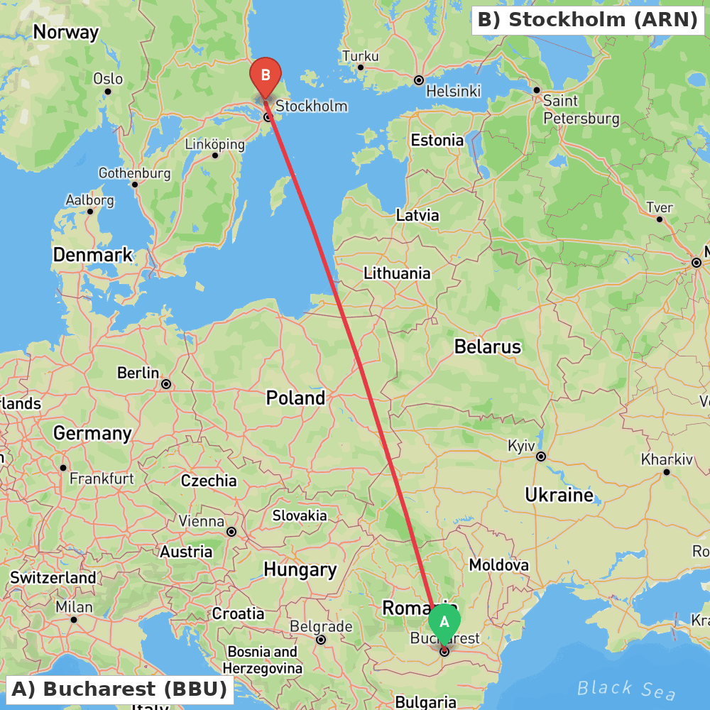 Flight route map from Bucharest to Stockholm