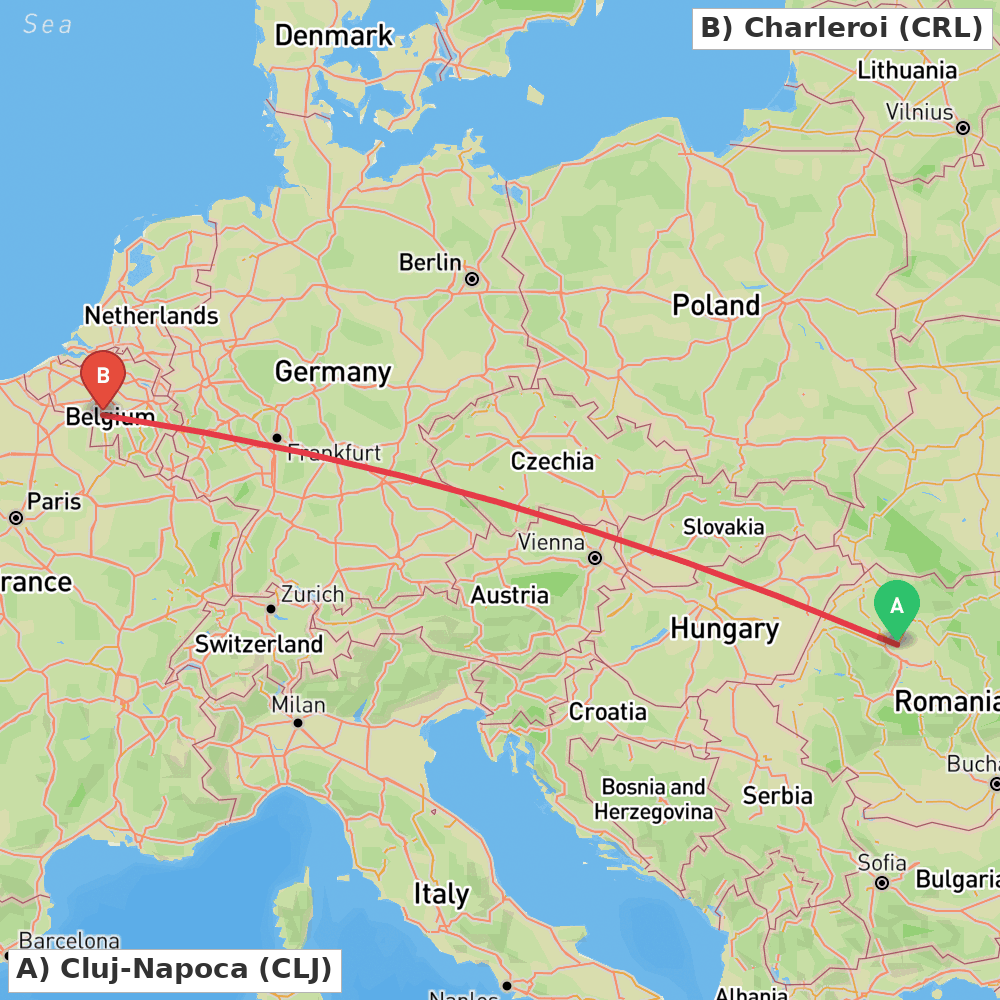Flight route map from Cluj-Napoca to Charleroi