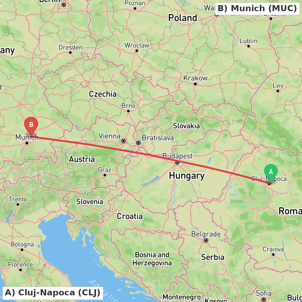 Flight route map from Cluj-Napoca to Munich