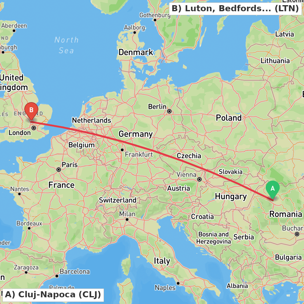 Flight route map from Cluj-Napoca to Luton, Bedfordshire