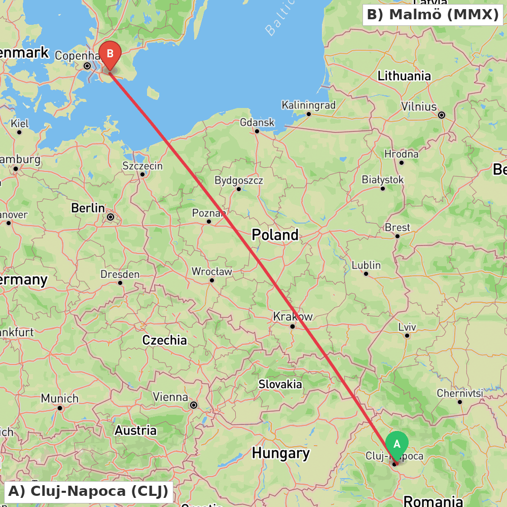 Flight route map from Cluj-Napoca to Malmö