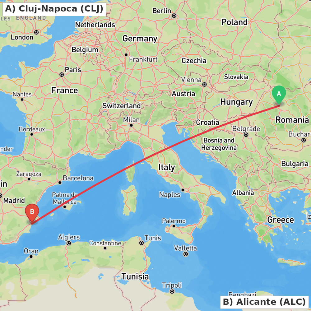 Flight route map from Cluj-Napoca to Alicante