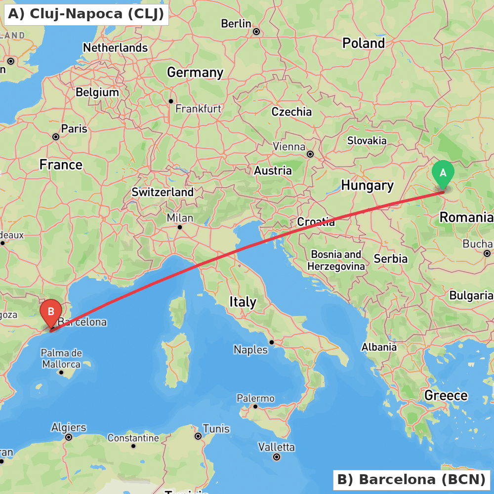 Flight route map from Cluj-Napoca to Barcelona