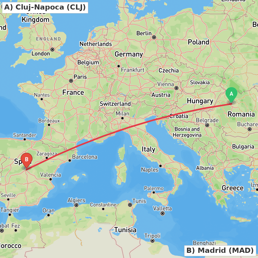Flight route map from Cluj-Napoca to Madrid