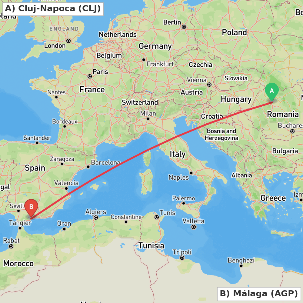 Flight route map from Cluj-Napoca to Málaga