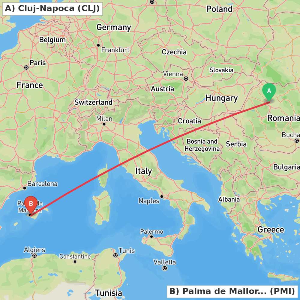 Flight route map from Cluj-Napoca to Palma de Mallorca