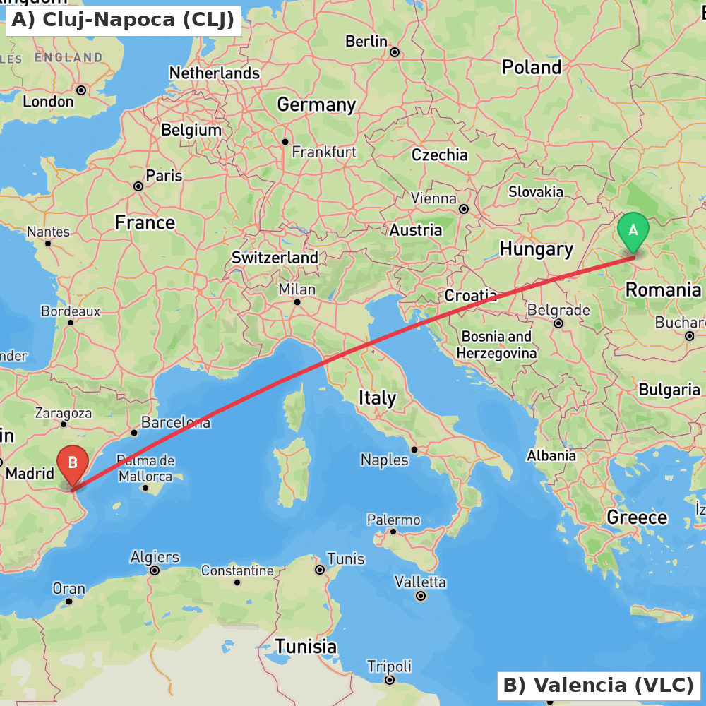 Flight route map from Cluj-Napoca to Valencia