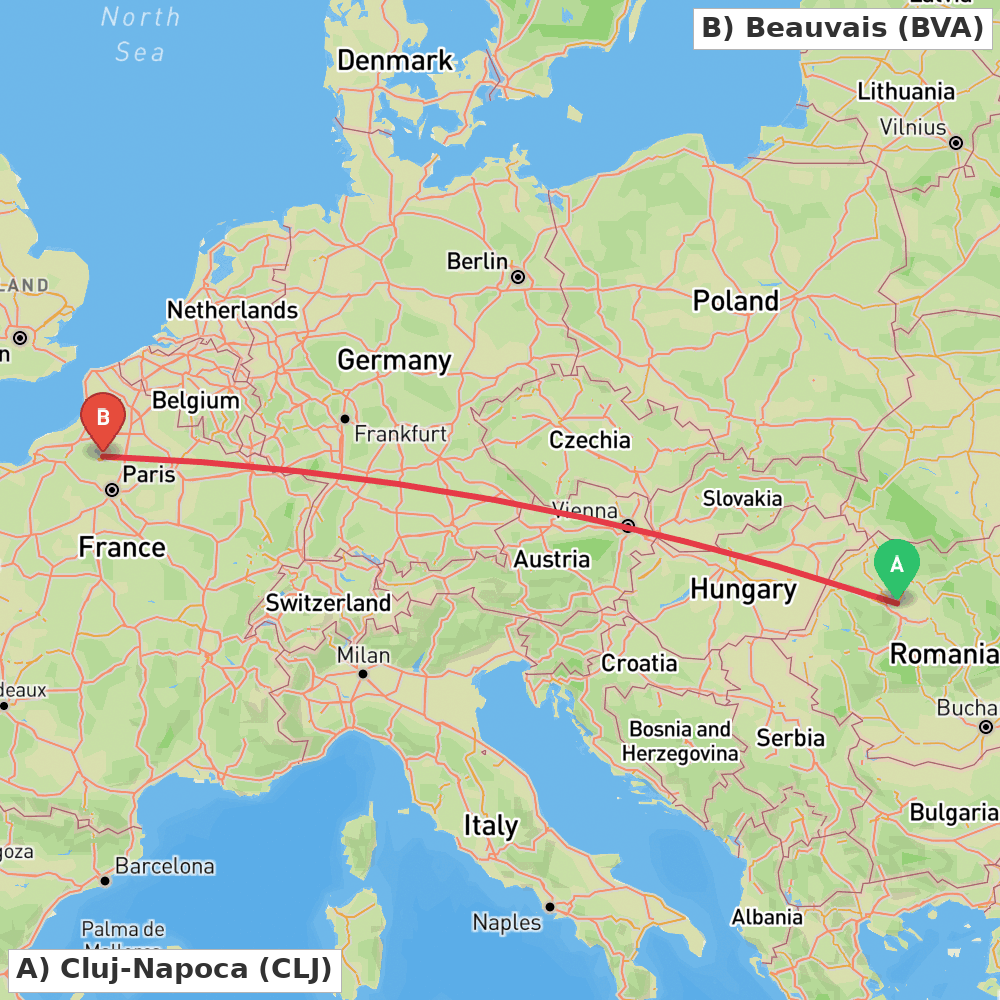 Flight route map from Cluj-Napoca to Beauvais