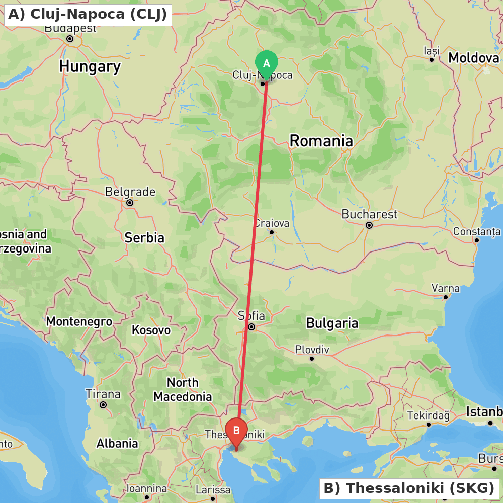 Flight route map from Cluj-Napoca to Thessaloniki