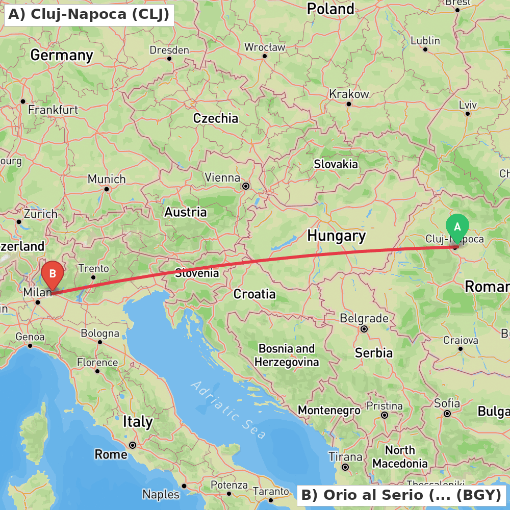Flight route map from Cluj-Napoca to Orio al Serio (BG)