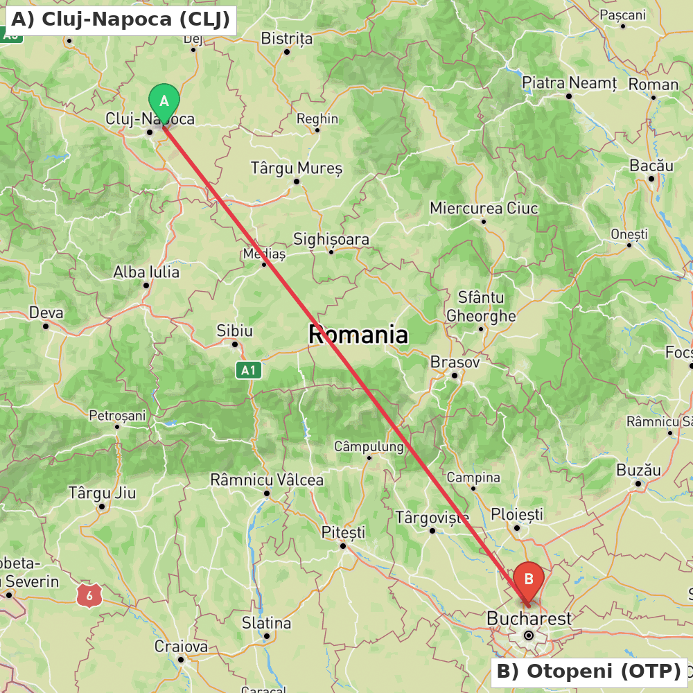 Flight route map from Cluj-Napoca to Otopeni