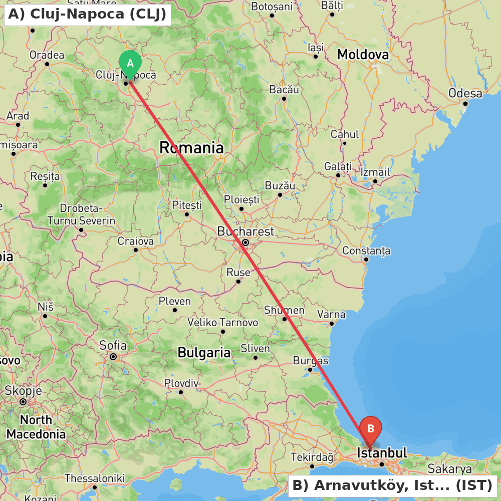 Flight route map from Cluj-Napoca to Arnavutköy, Istanbul