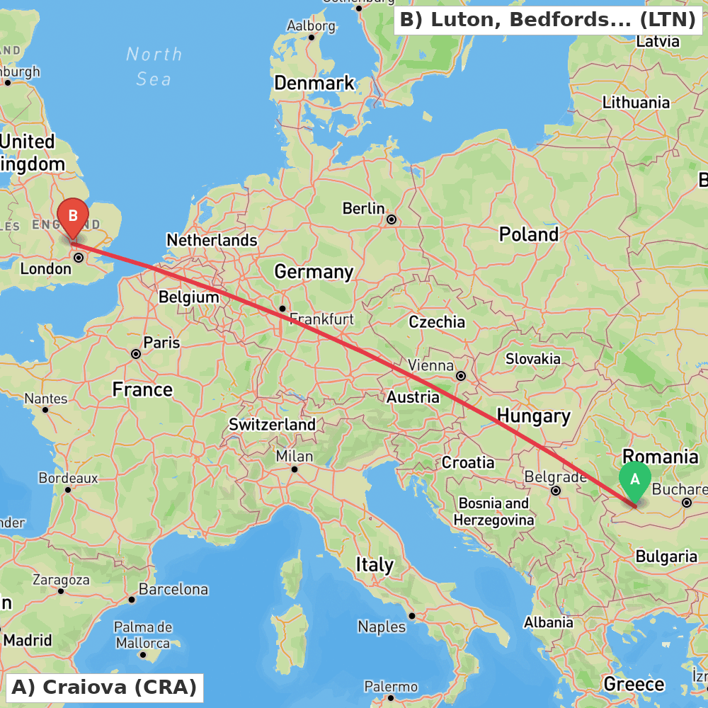 Flight route map from Craiova to Luton, Bedfordshire