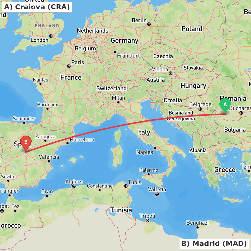 Flight route map from Craiova to Madrid