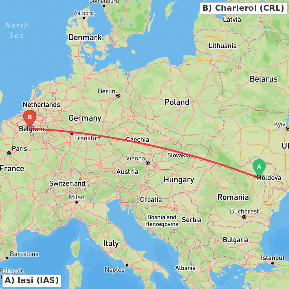 Flight route map from Iaşi to Charleroi