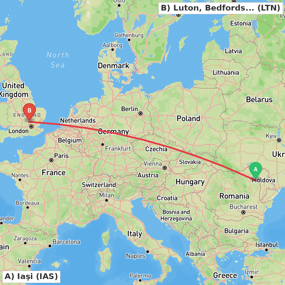 Flight route map from Iaşi to Luton, Bedfordshire